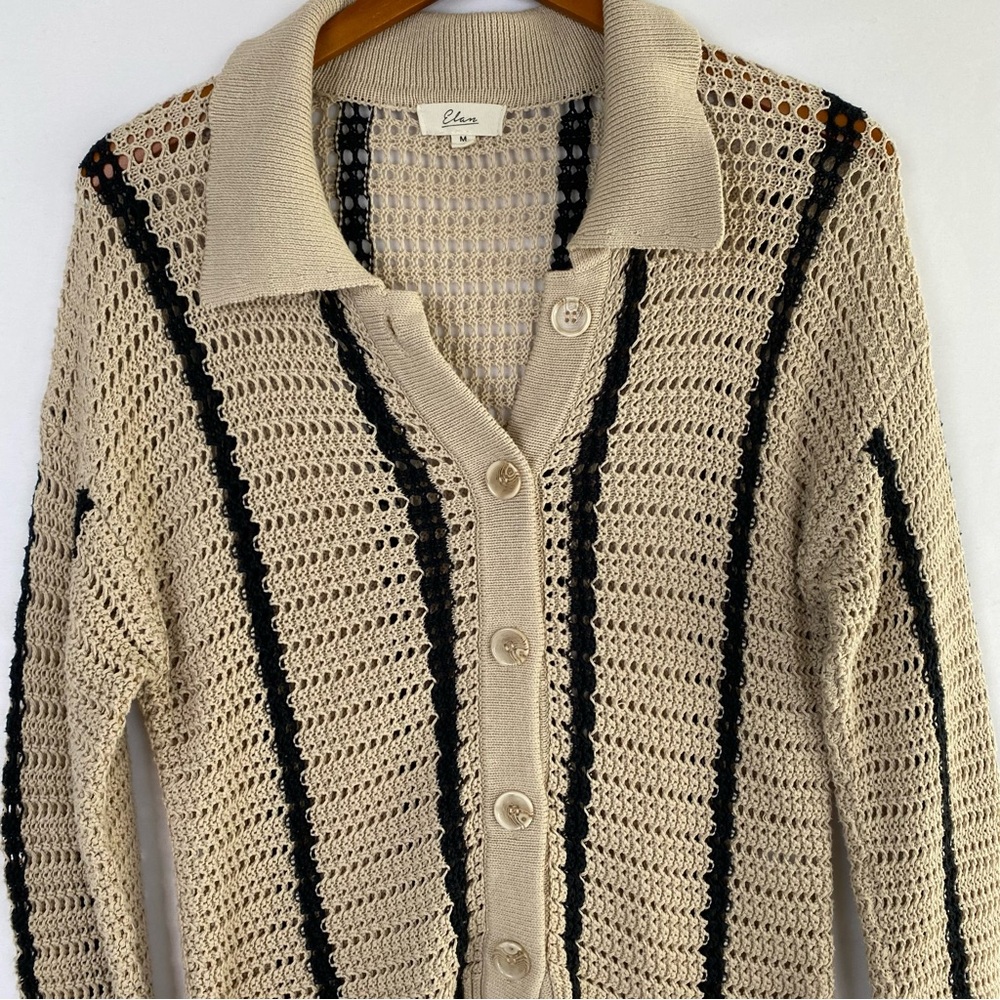 Elan Collared Sweater Open Cardigan Striped Knit Button Size Medium - Picture 2 of 5
